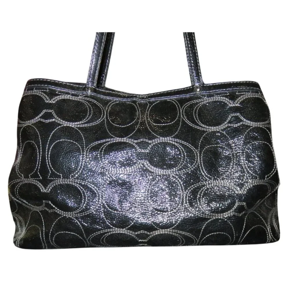 Coach 2012 Black Signature C Stitched Patent Leather Tote Kisslock Handbag